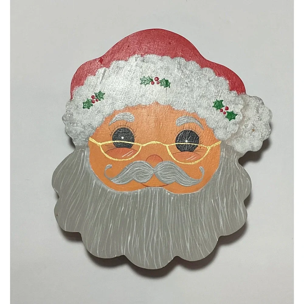 Vintage Style Hand Painted Wooden Santa Claus‎ Face Riser Christmas Decor Grey